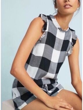Anthropology Black, White & Gray Plaid Sleeveless Romper with Ruffle Trim Size M